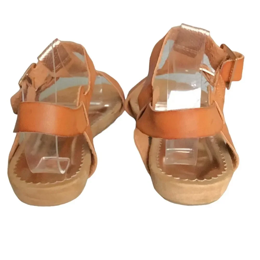 Nine West Girls Sandals Rose Gold Camel Tan Leather Buckle Flat Girls Size 4
